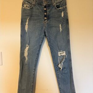 REVICE High Rise Button Fly Ripped Blue Jeans